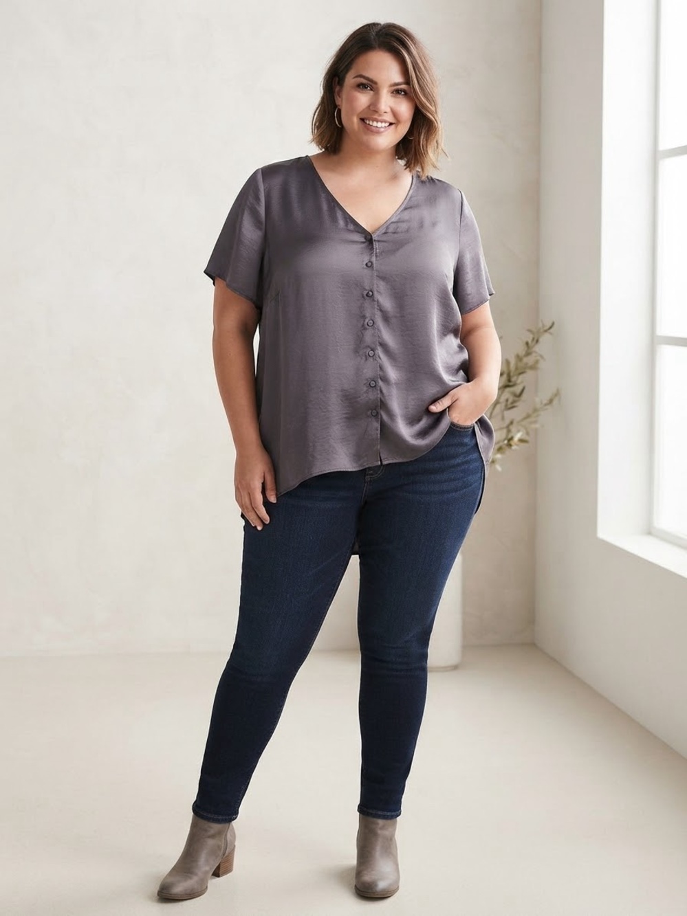 Torrid Slate Gray V-Neck Button Front Short Sleeve Top